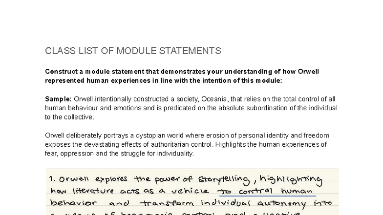 MODULE STATEMENTS ON ORWELL'S DYSTOPIAN HUMAN EXPERIENCES - Studocu