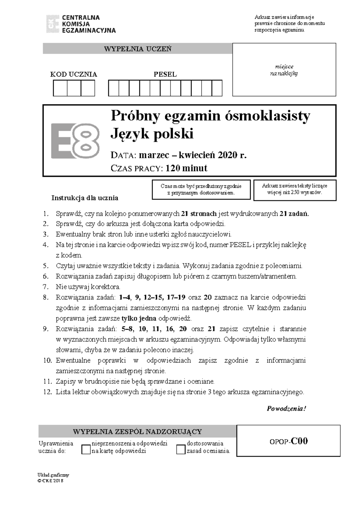 Próbny egzamin ósmoklasisty OPOP-C: Kamienie na szaniec - Język Polski