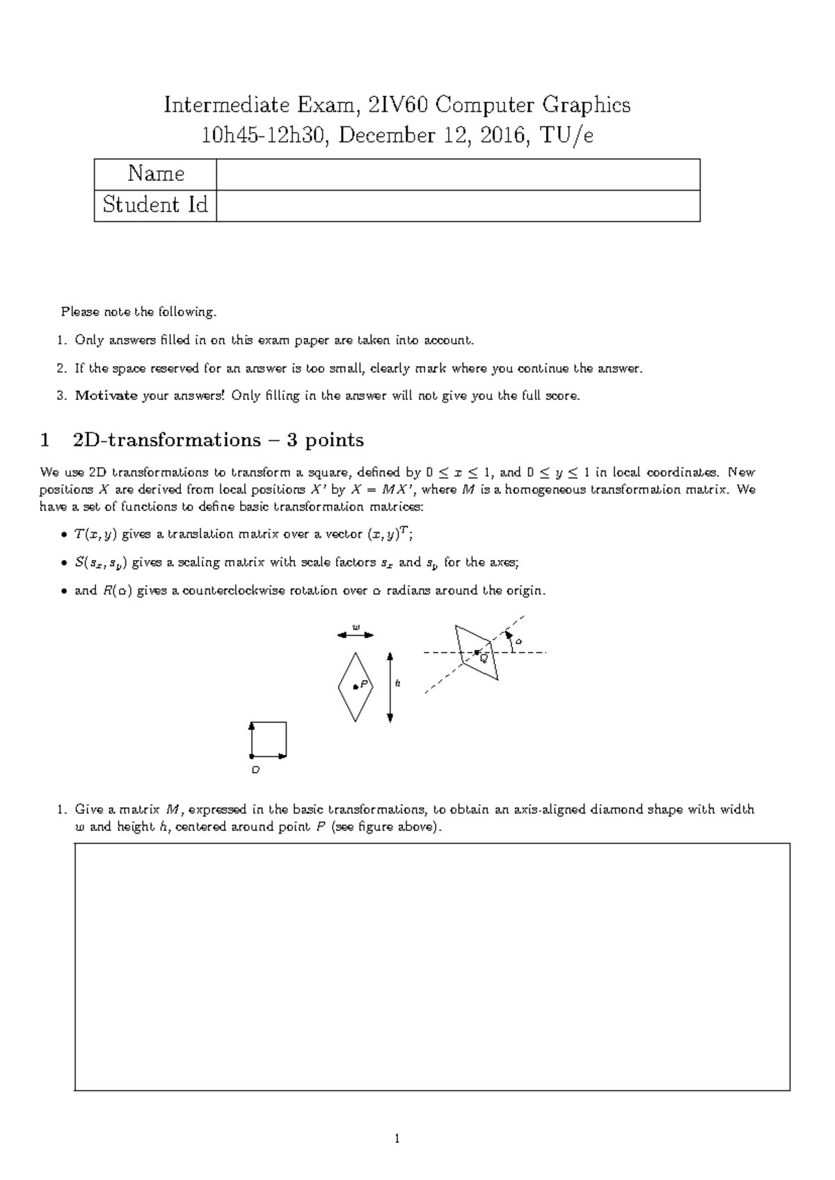 Intermediate Exam 2IV60: Computer Graphics Study Notes (2016) - Studeersnel