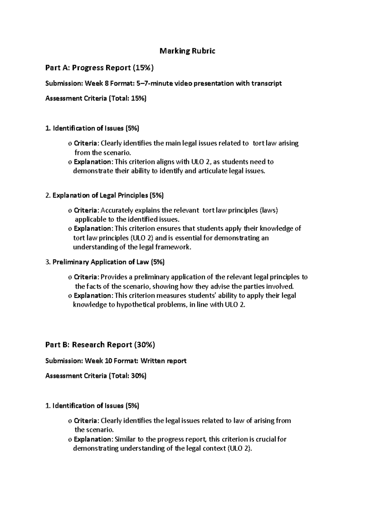 LAW101 Ass 1 Marking Rubric: Progress & Research Report Criteria - Studocu