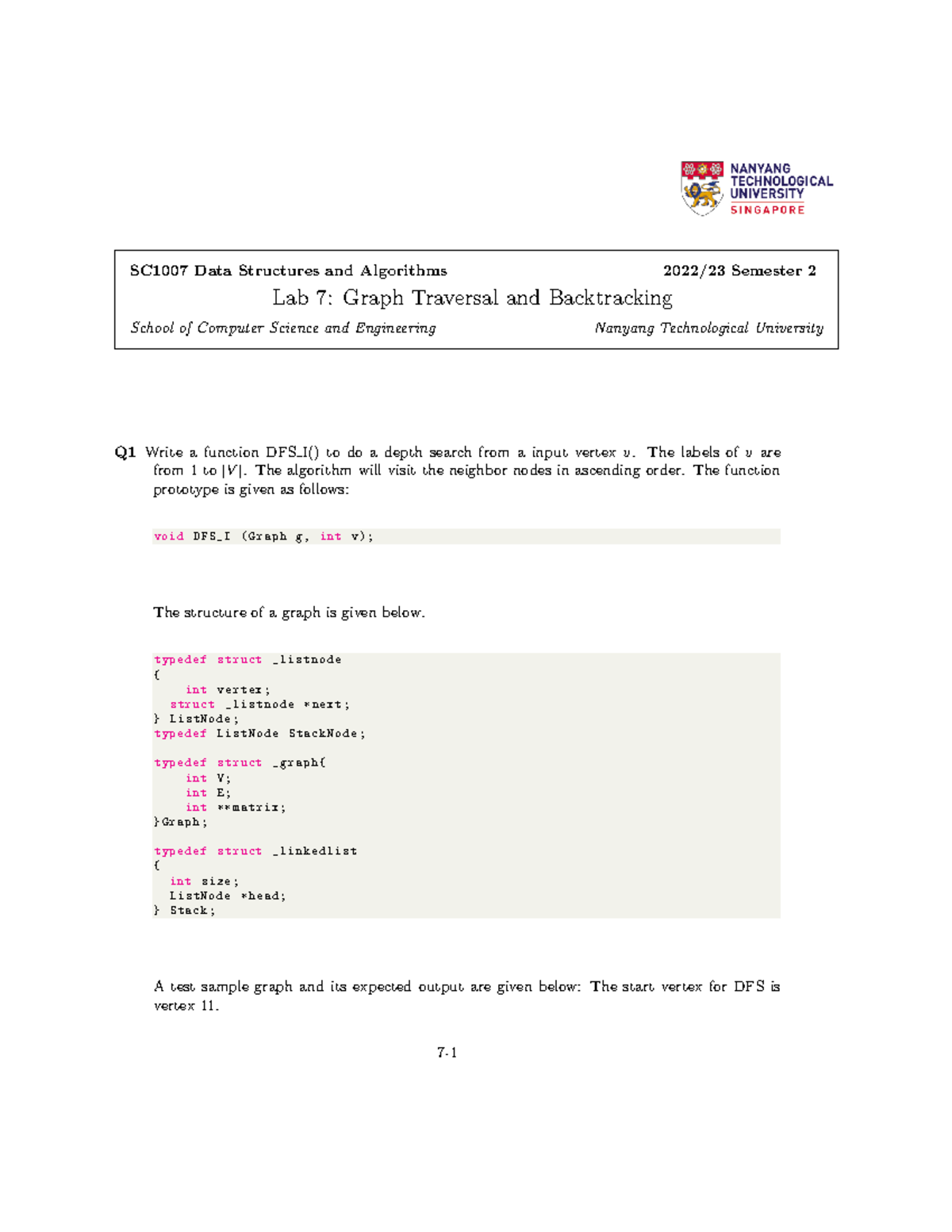 Lab 7: Graph Traversal & Backtracking for SC1007 Mod 2022/23 - Studocu