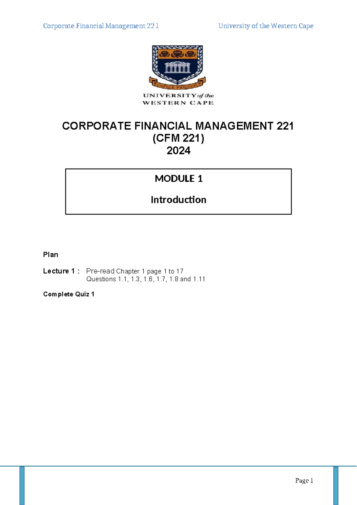 CFM 221 Introduction - Copy - CORPORATE FINANCIAL MANAGEMENT 221 (CFM ...