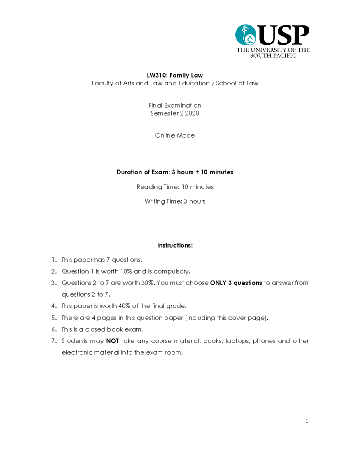LW310 Final Exam - Family Law Semester 2 2020 - Studocu