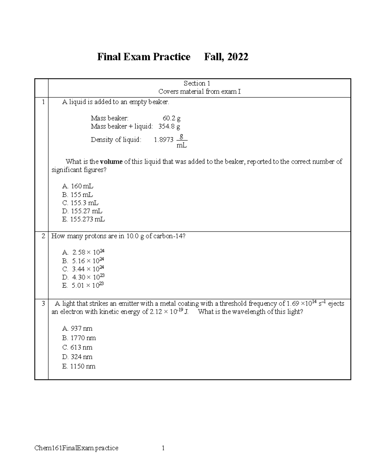 Final Exam Practice Questions for CHEM 101 - Fall 2022 - Studocu