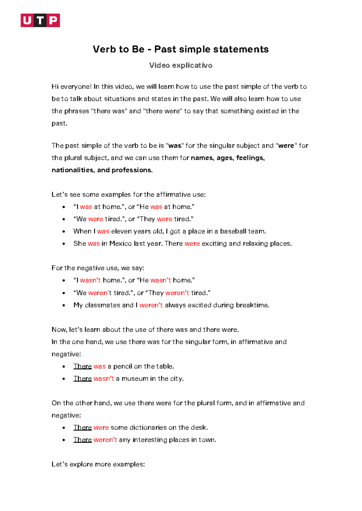 Verb to Be Past Simple Statements - Week 2 Script Video Guide - Studocu