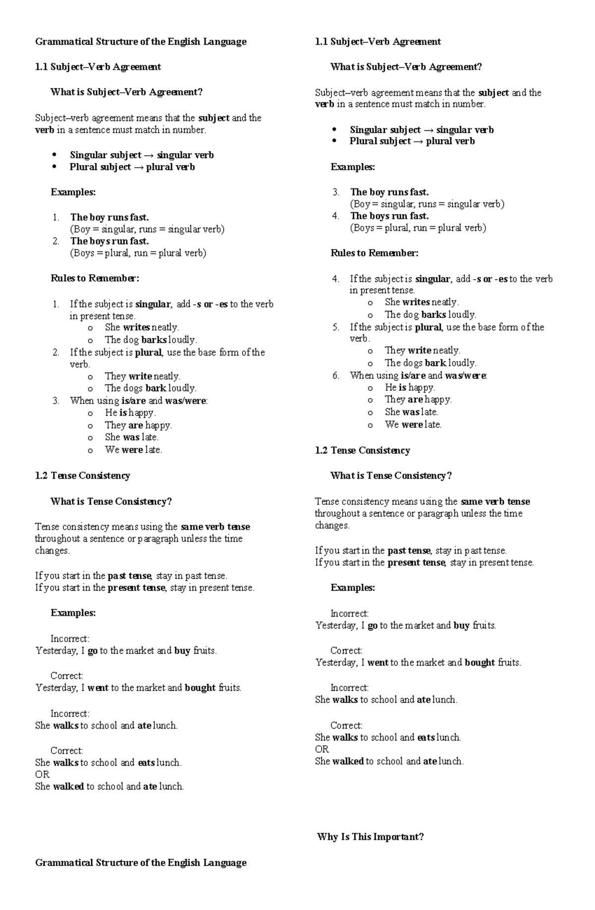 Grammatical Structure of English: Agreement & Tense Consistency - Studocu