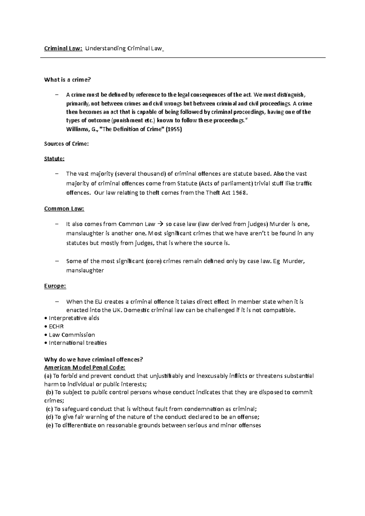 Criminal Law Lecture 1: Key Concepts and Principles Explained - Studocu