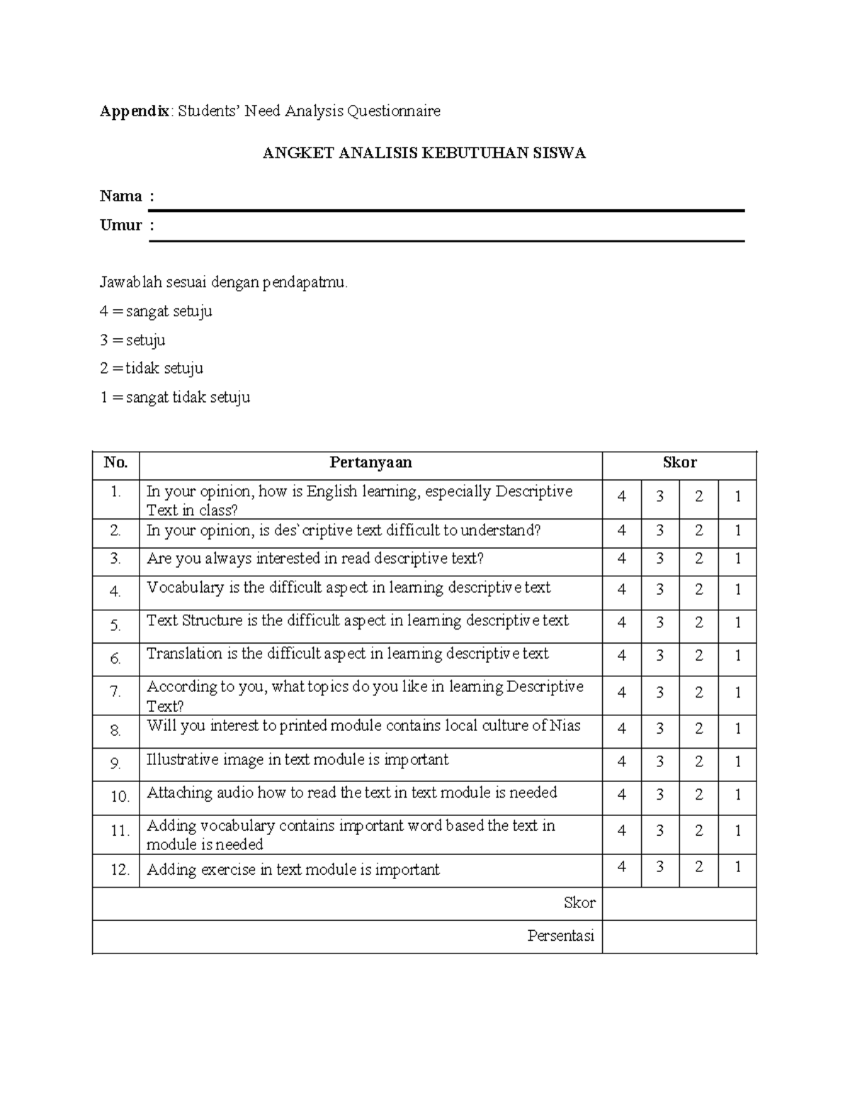 Appendix: Need Analysis Questionnaire for Students (ANGKET) - Studocu