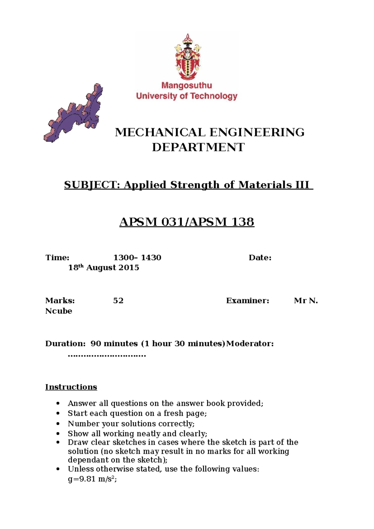 APSM 138 Applied Strength of Materials Test 2 - 2016 - Studocu