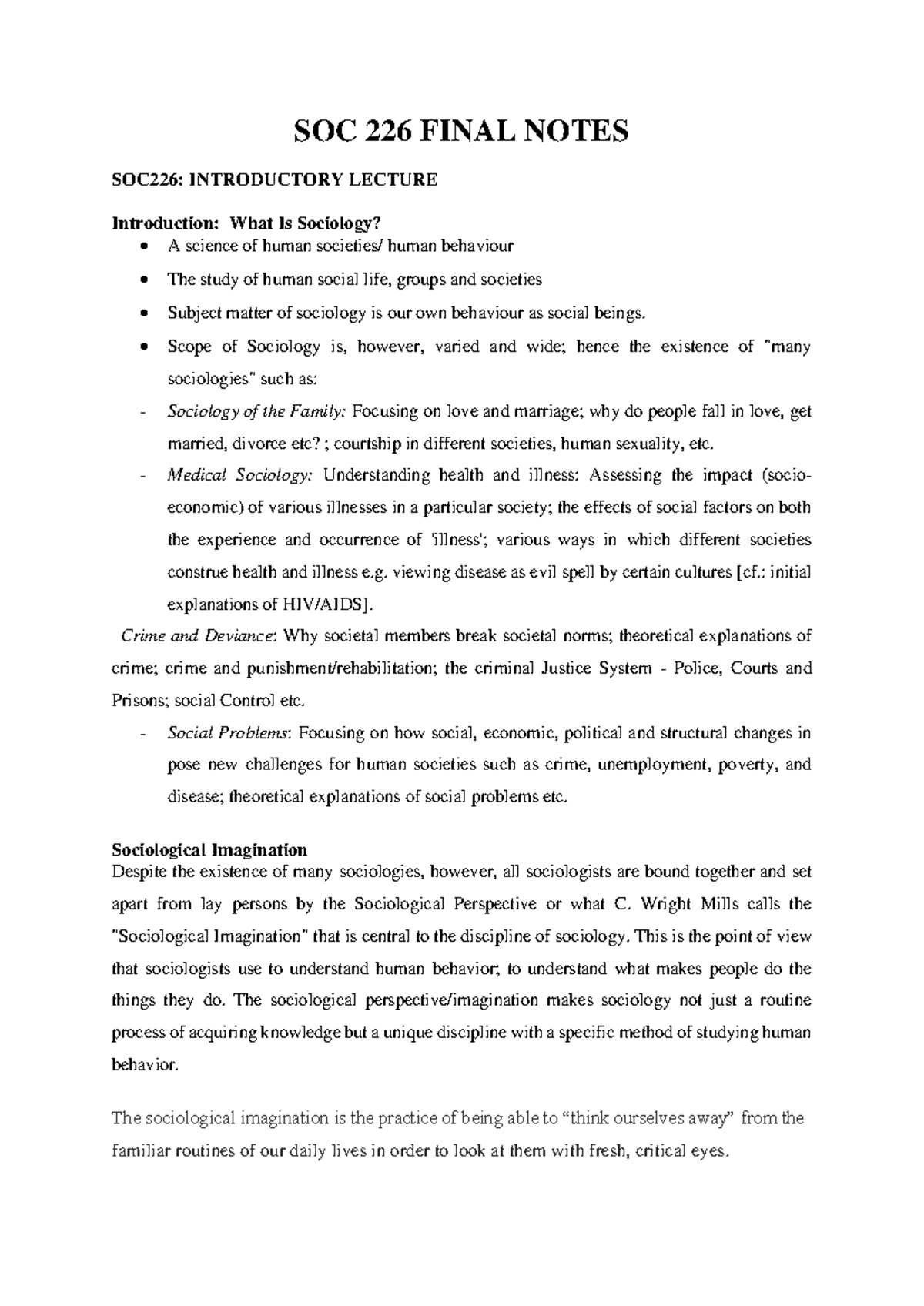 SOC 226 FINAL NOTES: INTRODUCTION TO SOCIOLOGY AND RESEARCH METHODS ...