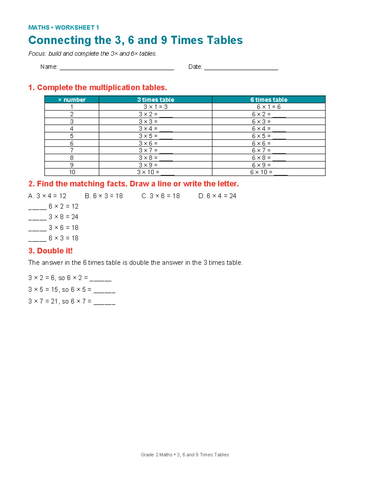 Grade 2 MATHS Worksheet: Connecting 3, 6, and 9 Times Tables - Studocu