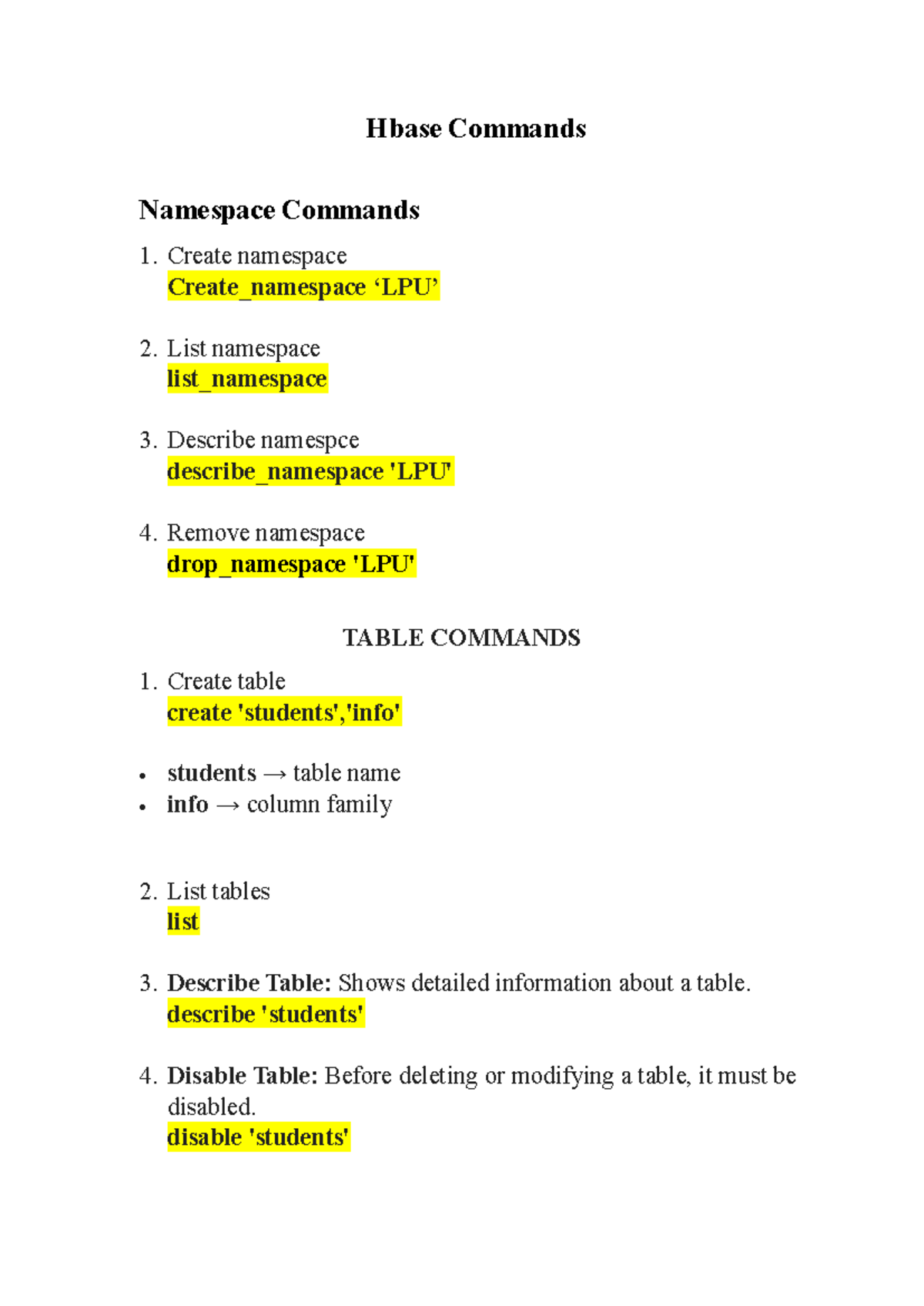 HBase Commands Overview (ZEE) - Namespace & Table Operations - Studocu