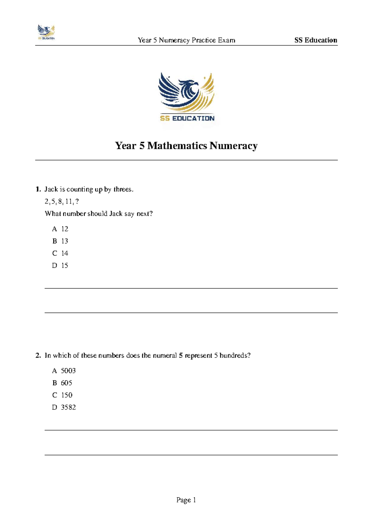 Year 5 Numeracy Practice Exam 2026 SSE - Studocu