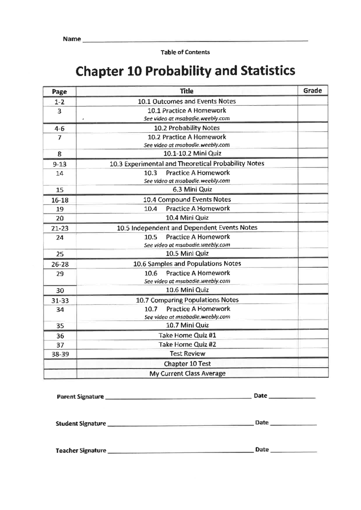 Chapter 10 Probability and Statistics Practice Exercises - Name Table ...