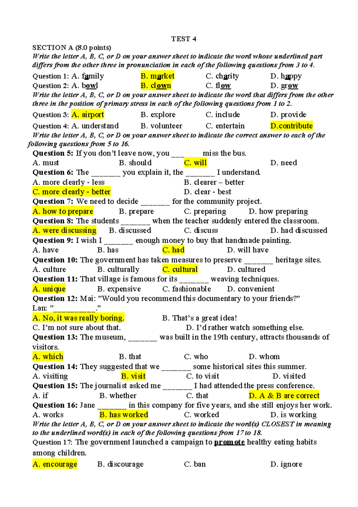 TEST 4 - English Language Exam Questions and Answers - Studocu