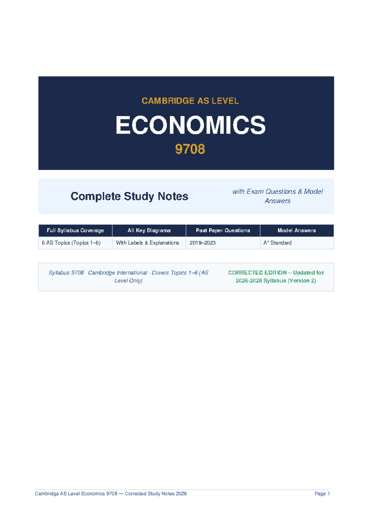 AS Level Economics 9708 Complete Study Notes with Model Answers 2026 ...