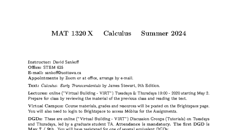 MAT 1320 X Calculus Summer 2024 Course Schedule and Exam Info - Studocu