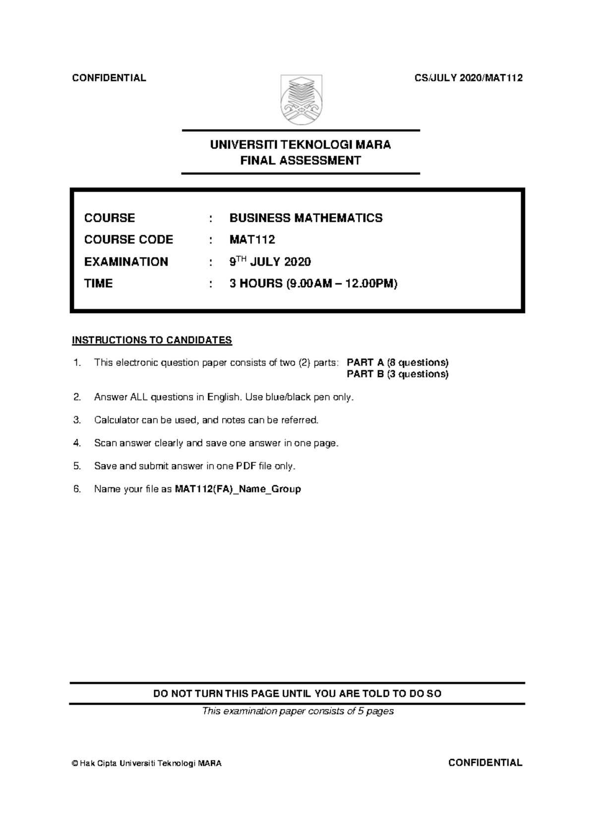 MAT112 Final Exam Questions & Instructions - July 2020 - Studocu