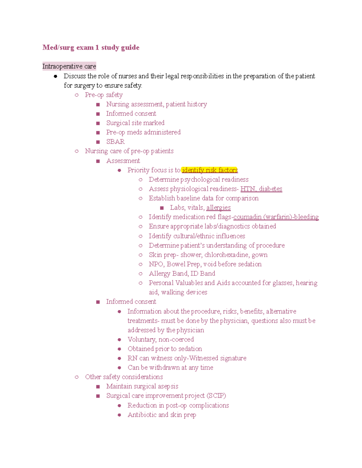 Med Surg 101: Exam 1 Study Guide on Intraoperative Care and ...