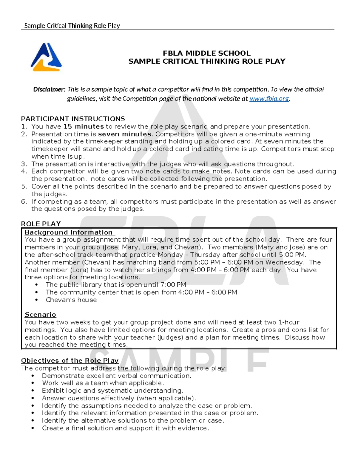 FBLA MS Critical Thinking Role Play: Sample Scenario & Guidelines - Studocu