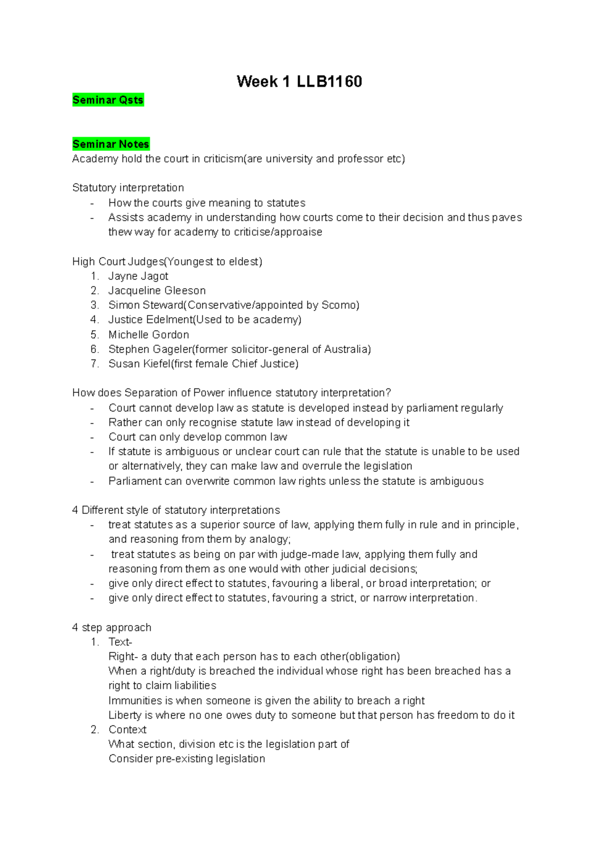Week 1 LLB1160 Seminar Notes: Statutory Interpretation & Court Critique ...