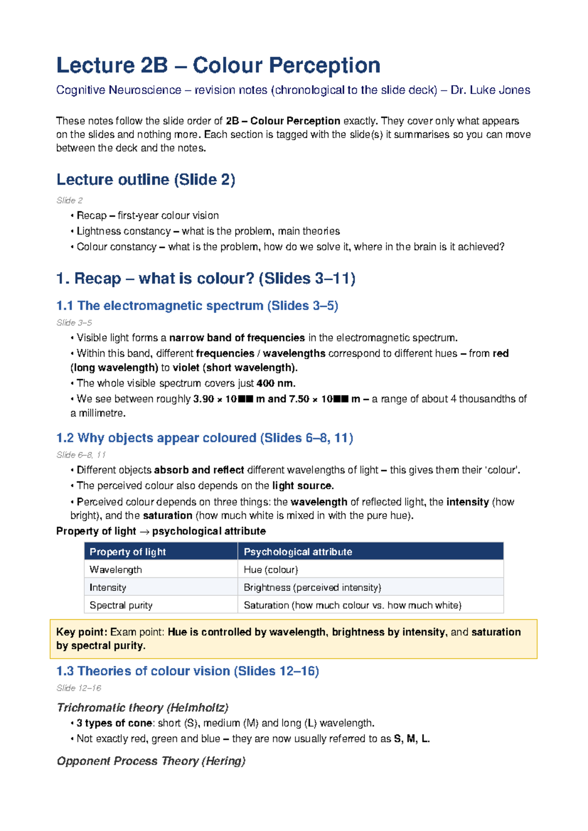 Lecture 2B Summary Notes on Colour Perception in Cognitive Neuroscience ...