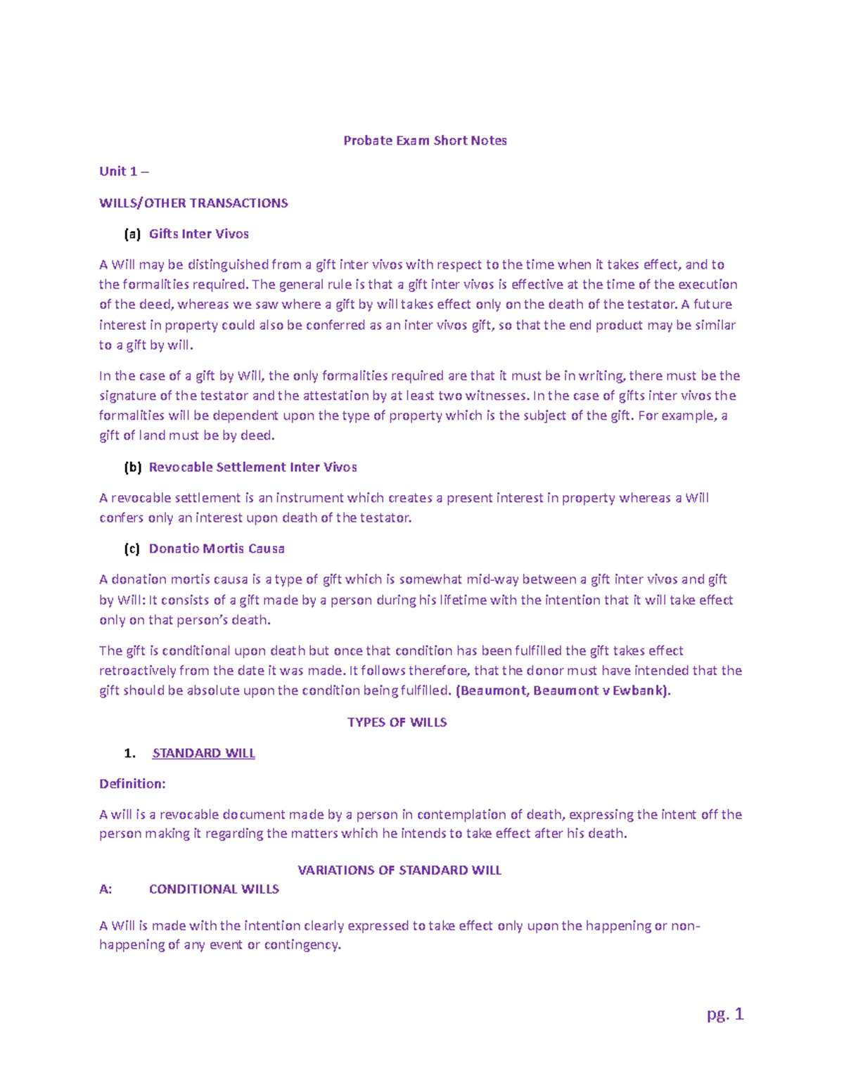Probate Law Exam Notes Compilation: Wills & Gifts (Course Code) - Studocu
