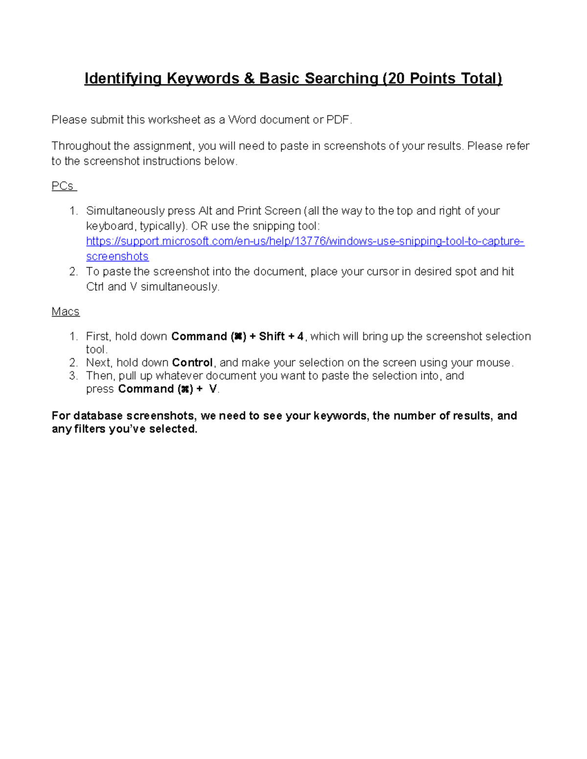 Keywords and Basic Searching Worksheet Instructions (20 Points Total ...
