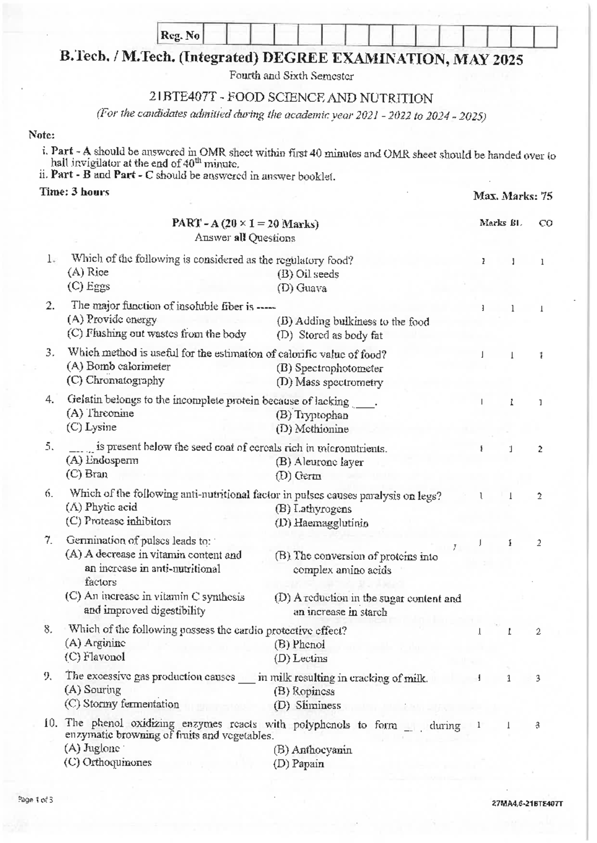 B.Tech M.Tech Integrated 21BTE407T Food Science & Nutrition Exam Paper ...