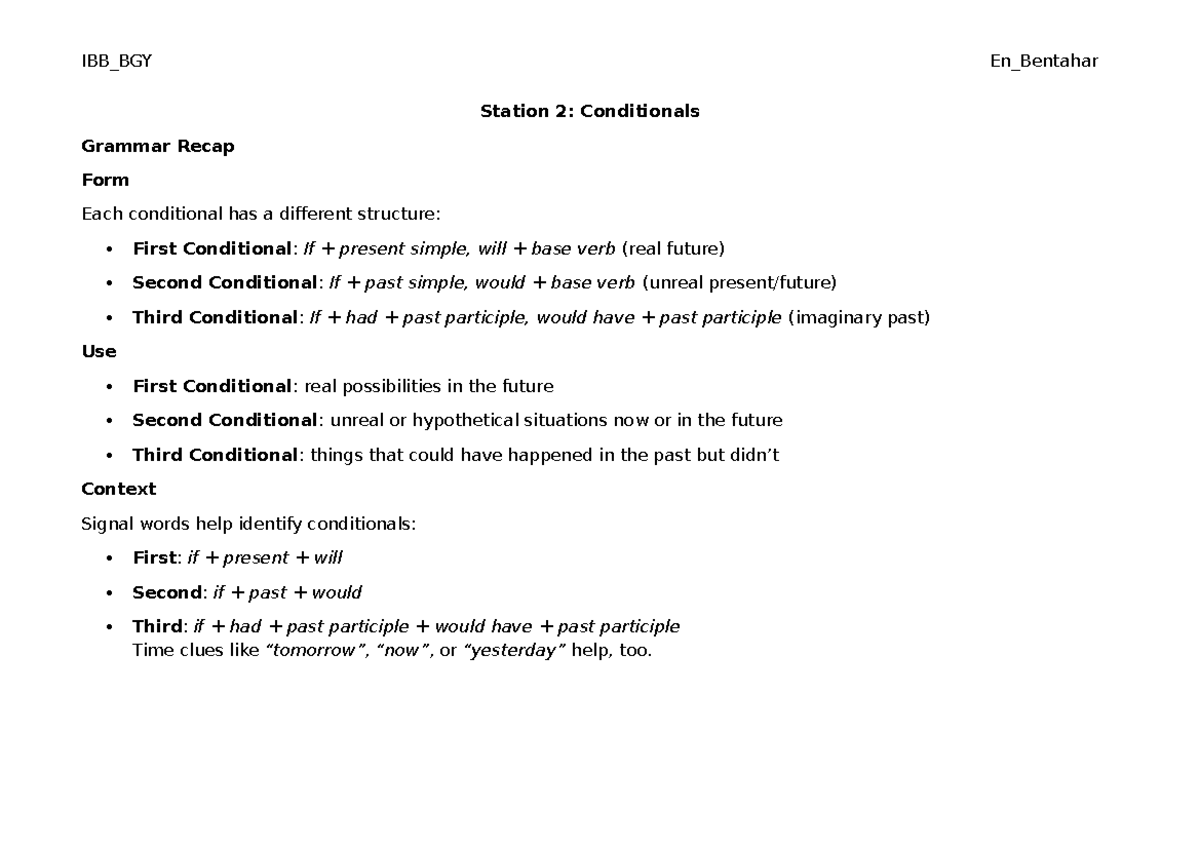 IBB_BGY En_Bentahar Station 2: Conditionals Grammar Recap - Studocu