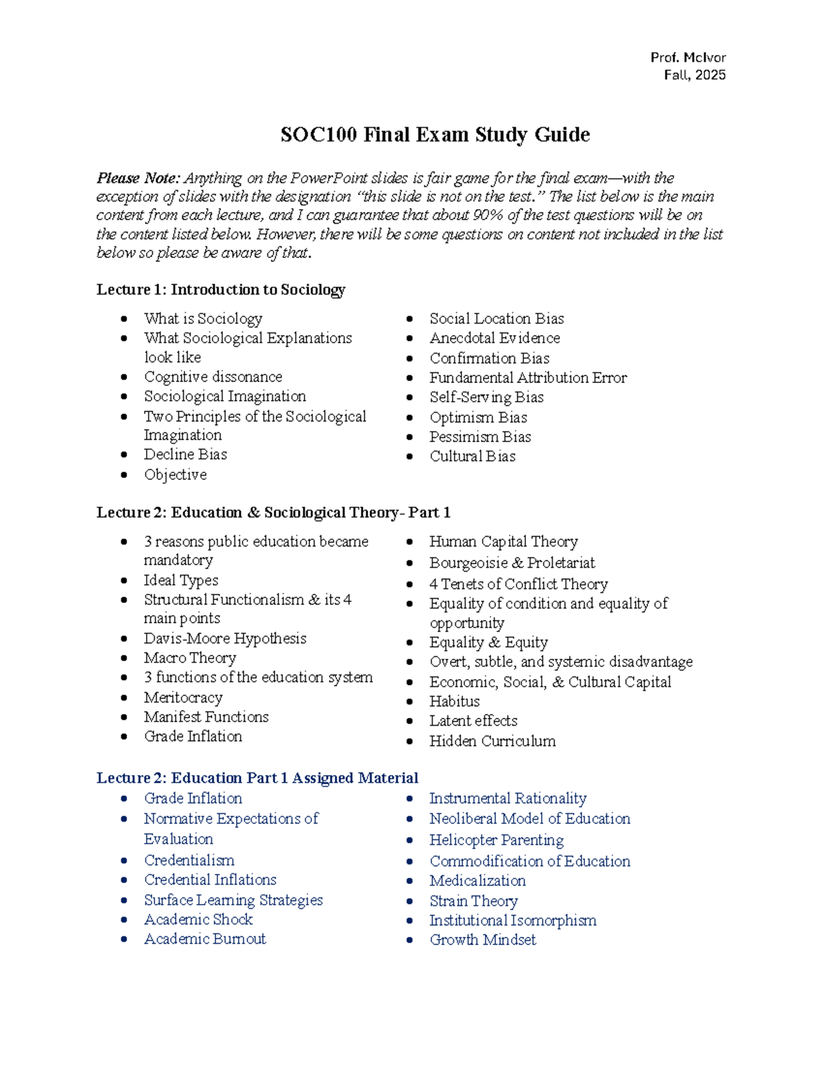 SOC100 Fall 2025 Final Exam Study Guide: Key Concepts & Topics - Studocu