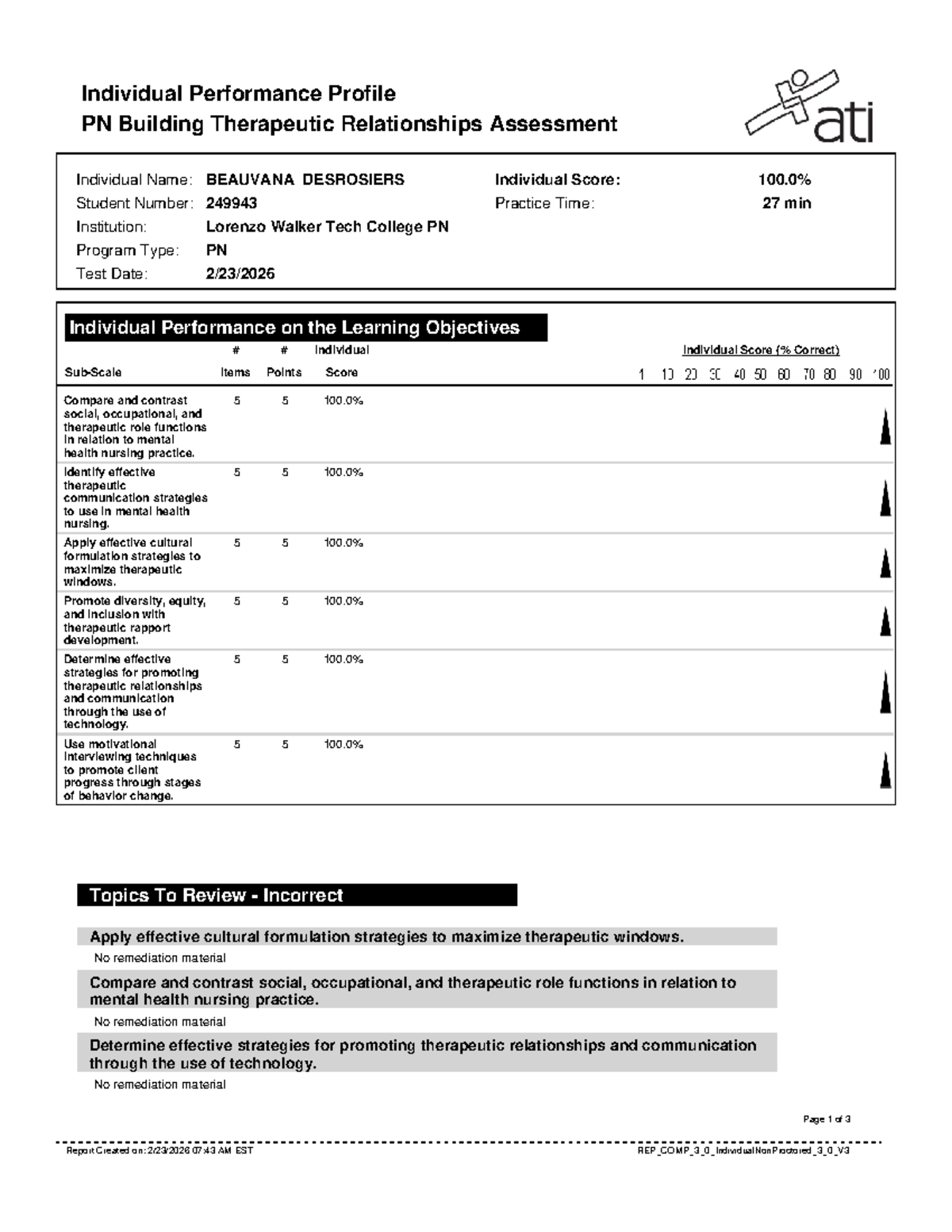 PN Program: Individual Performance Profile on Building Therapeutic ...