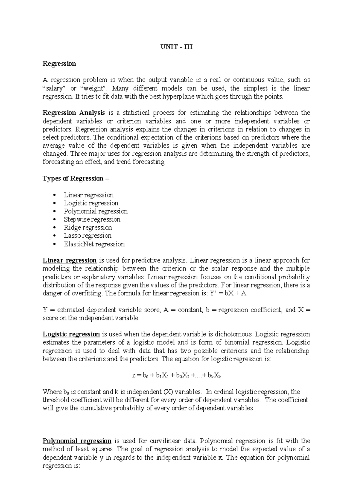 Unit III data analytics - UNIT - III Regression A regression problem is ...