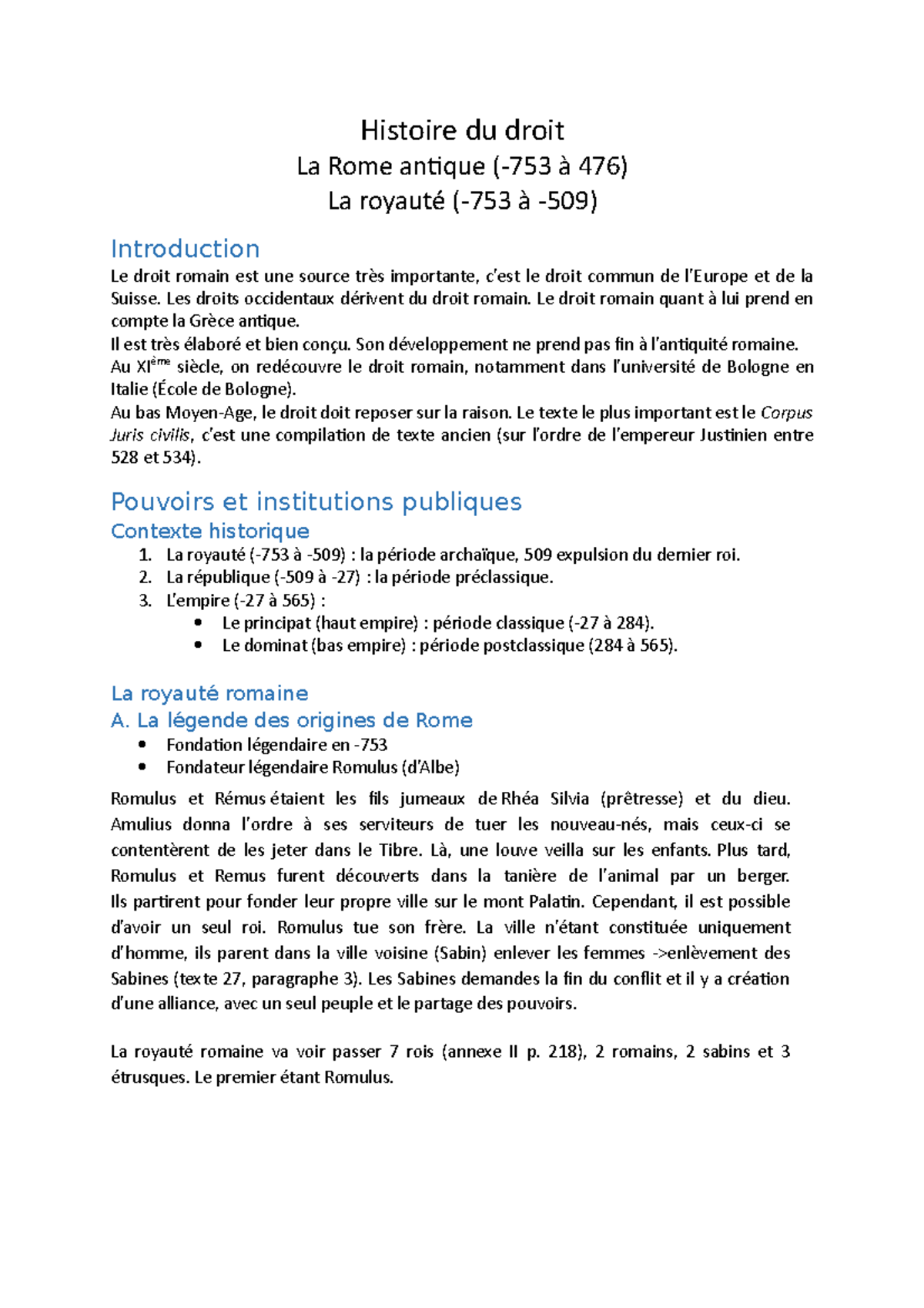 Histoire du droit romain : la royauté antique et ses institutions - Studocu