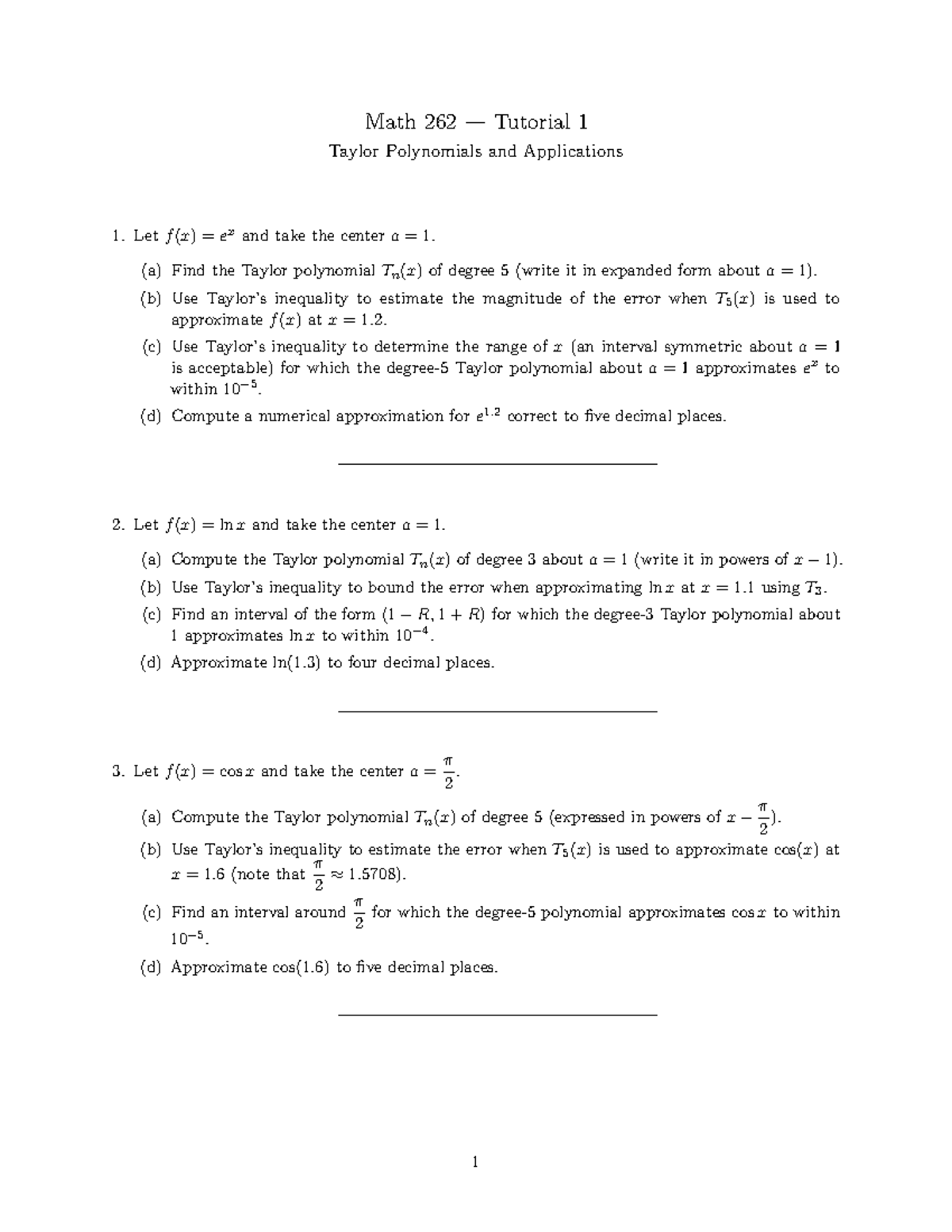 Math 262 Tutorial 1 - Taylor Polynomials & Error Estimation - Studocu