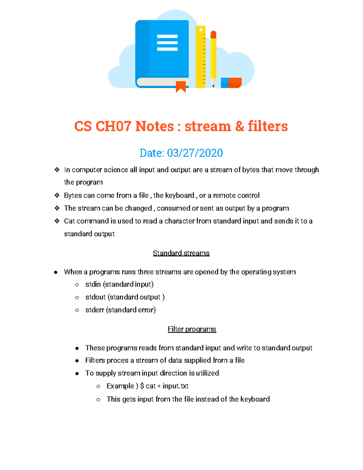 C++ CS CH07 Lecture Notes: Streams & Filters Overview - Studocu