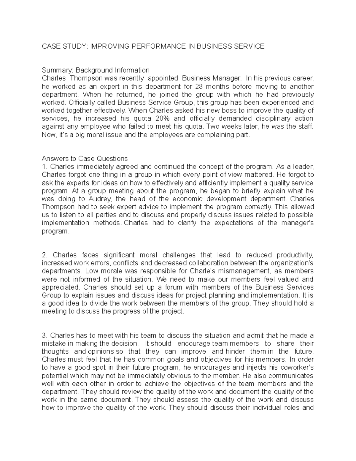 Case Study: Improving Business Service Performance and Leadership - Studocu
