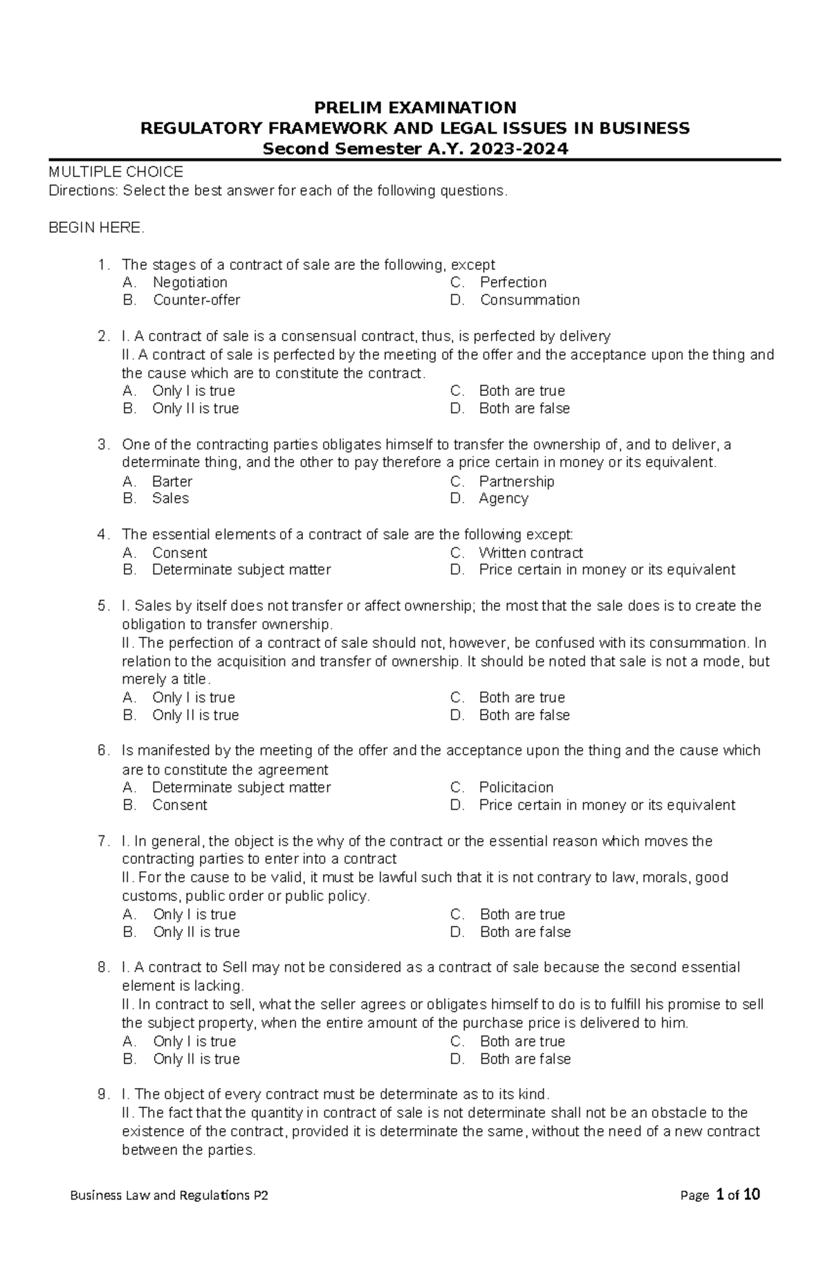 Prelim Exam: RFLI Regulatory Framework & Legal Issues in Business AY23 ...