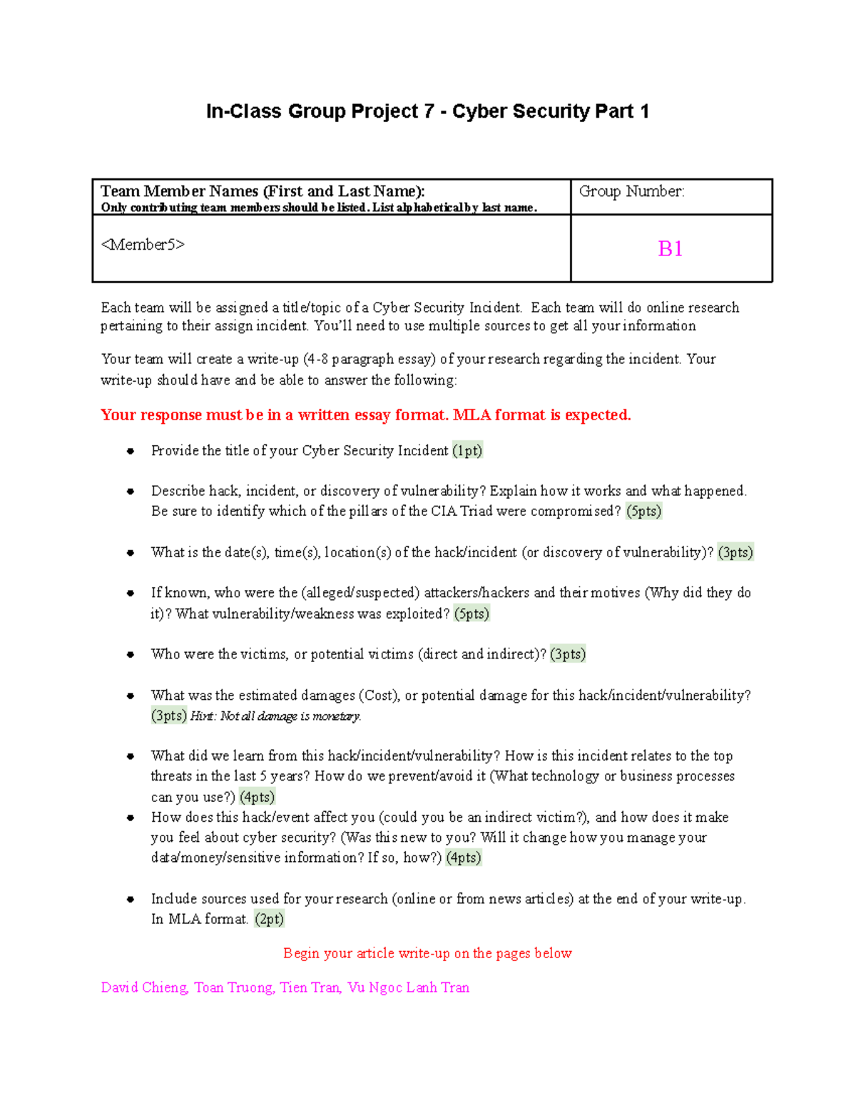 In-Class Group Project 7 - Cyber Security Part 1 - Team Member Names ...