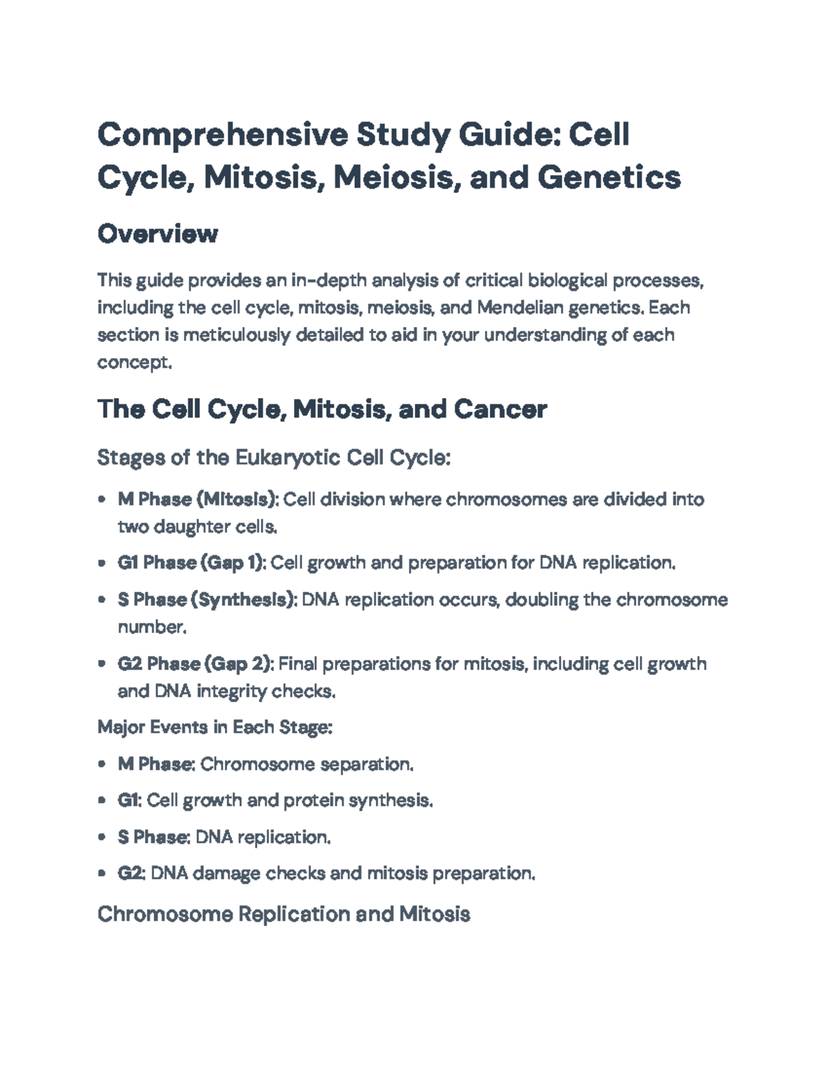 Comprehensive Study Guide: Cell Cycle, Mitosis, Meiosis & Genetics ...
