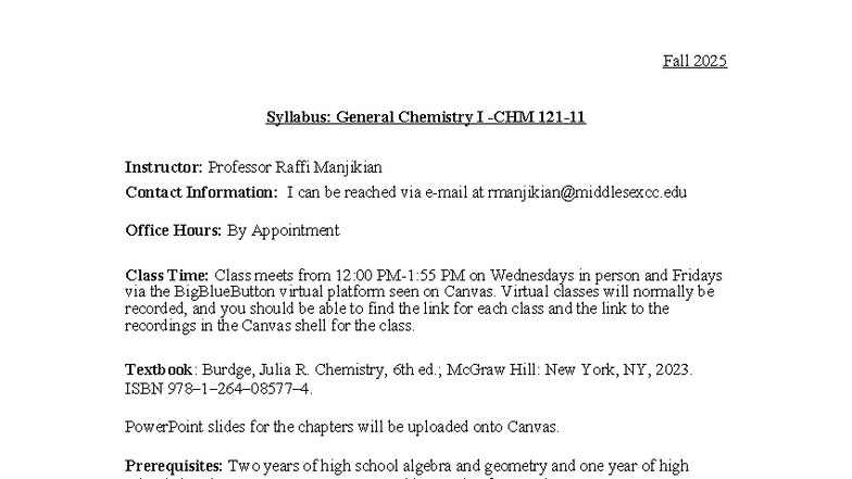MCC General Chemistry I (CHM 121) Syllabus - Fall 2025 - Studocu