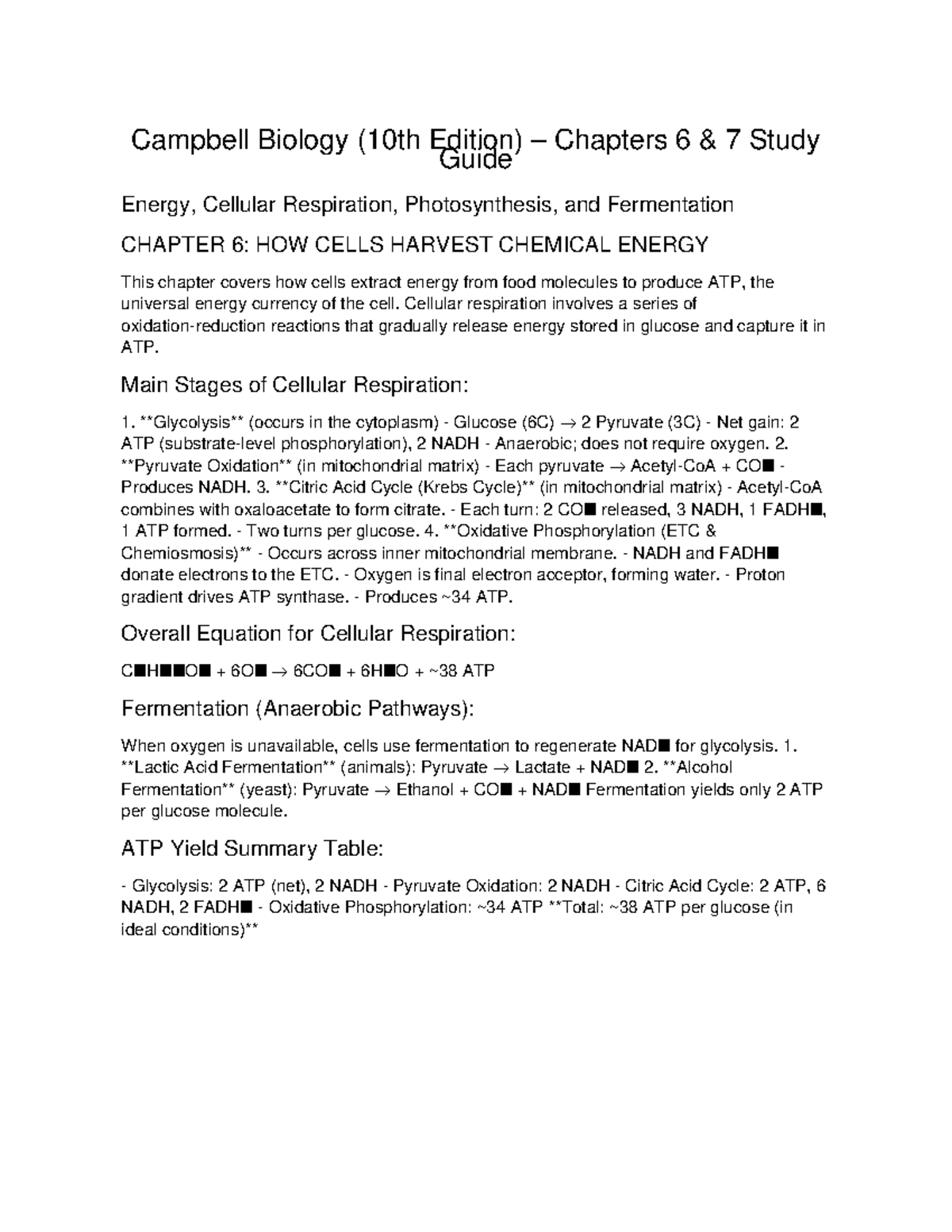 Campbell Biology (10th Ed) Ch 6-7 Study Guide: Energy & Photosynthesis ...