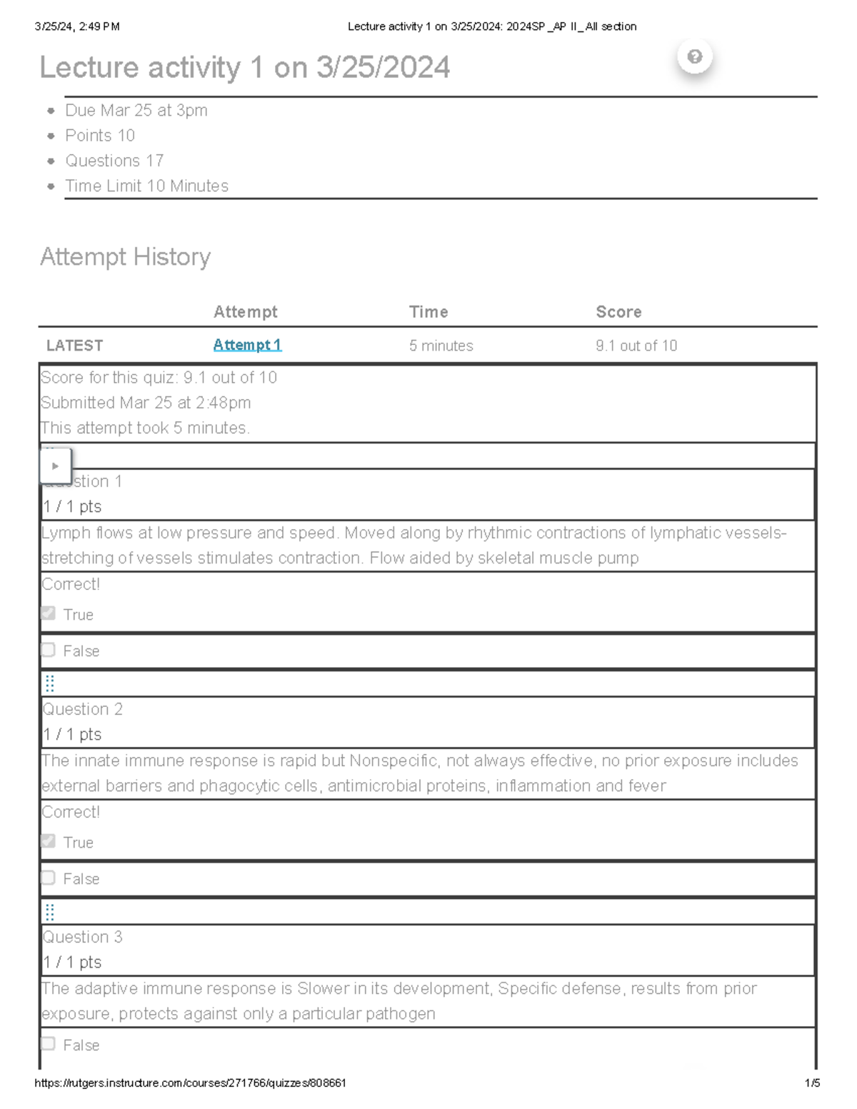 Lymph system Practice Quiz 1 - Lecture activity 1 on 3/25/ Due Mar 25 ...