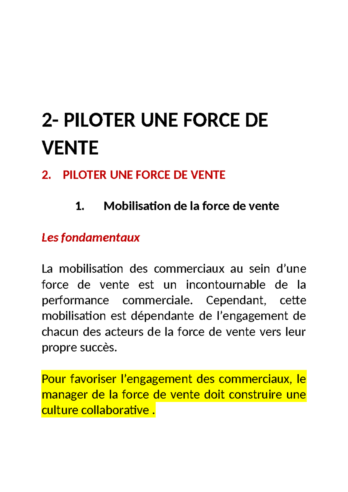 2-2- Pilotage de la Force de Vente : Stratégies et Motivation - Studocu
