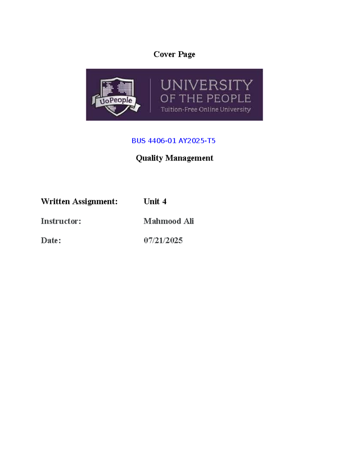 BUS 4406 Quality Management Written Assignment: Unit 4 Analysis - Studocu