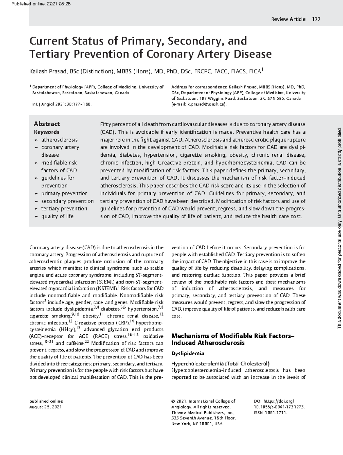 Current Insights on Primary, Secondary, and Tertiary CAD Prevention ...