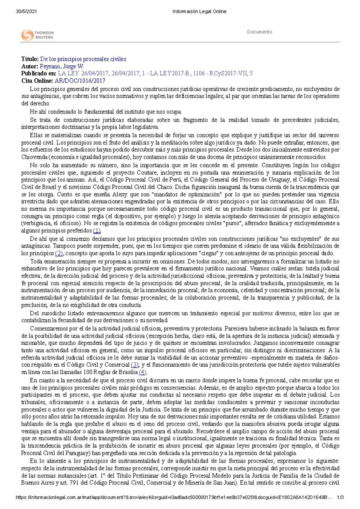 Principios Procesales Civiles según Peyrano Jorge W. - Resumen  - Document Preview