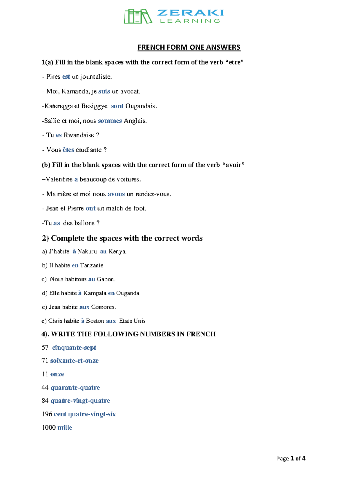 FRENCH FORM ONE ASSIGNMENT ANSWERS 223 - Studocu