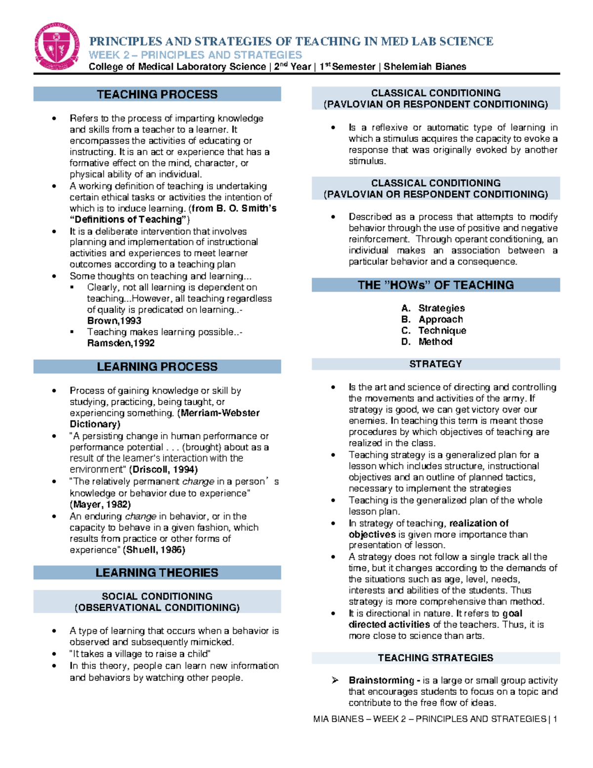 PSTM221 Teaching Principles & Strategies in Med Lab Science - Week 2 ...