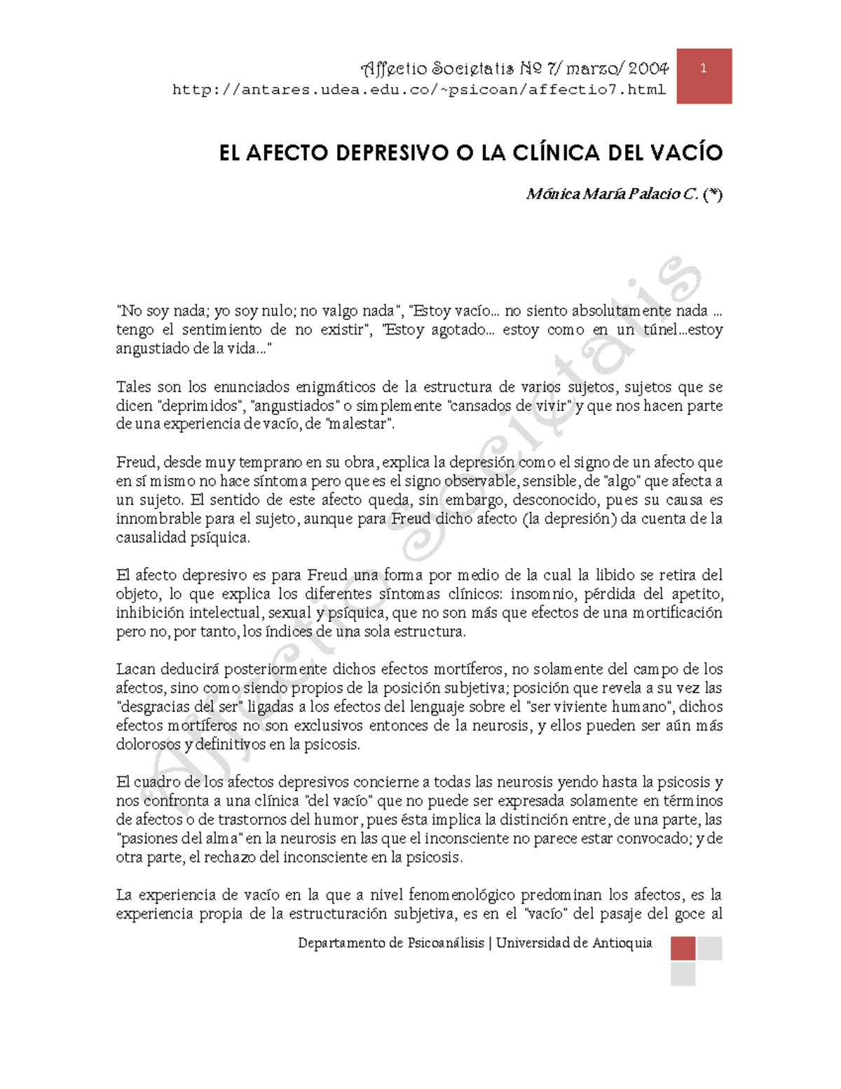Affectio Societatis Nº 2004: El Afecto Depresivo y la Clínica del Vacío ...